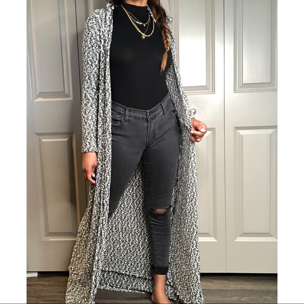 Black & White Long Sleeve Hooded Cardigan